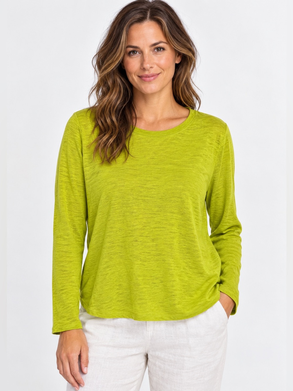 Eileen Fisher 100% Organic Linen Lime Green Long Sleeve Top L
